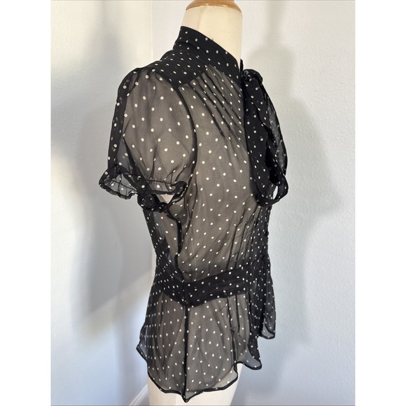 Vtg Lux Top Womens S Black Silk Polka Dot Sheer Bow Tie Romantic Coquette Retro - Picture 3 of 12